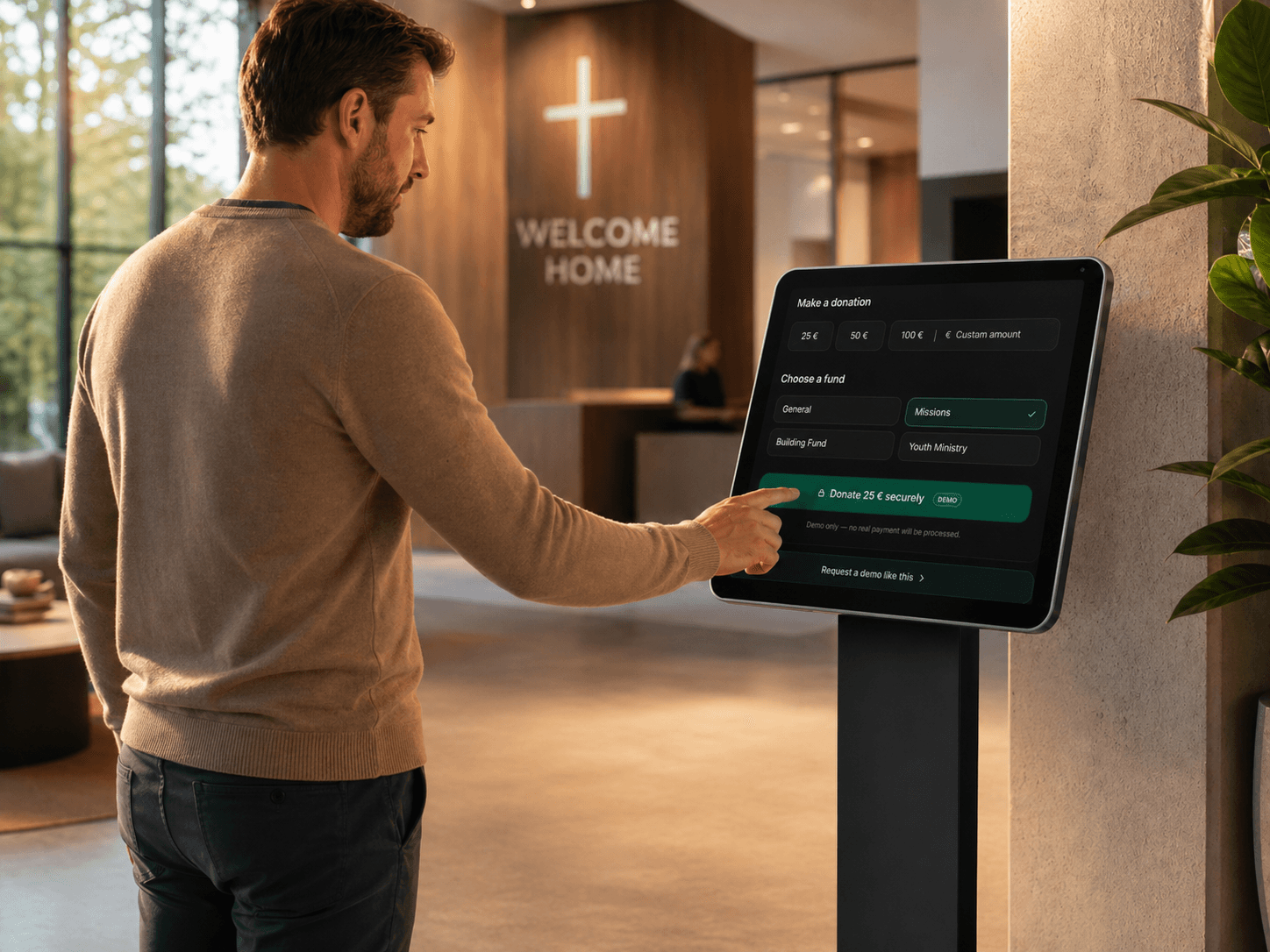 A guest at a church lobby giving through a MultiDonate iPad kiosk